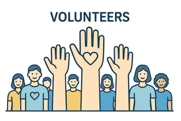 Volunteers and charity work, represented by raised helping hands, are depicted in vector thin line icon illustrations showing a crowd of people prepared to assist and contribute