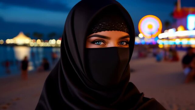 Elegant woman in black satin niqab with blue diva eyes at lively nighttime beach amusement park