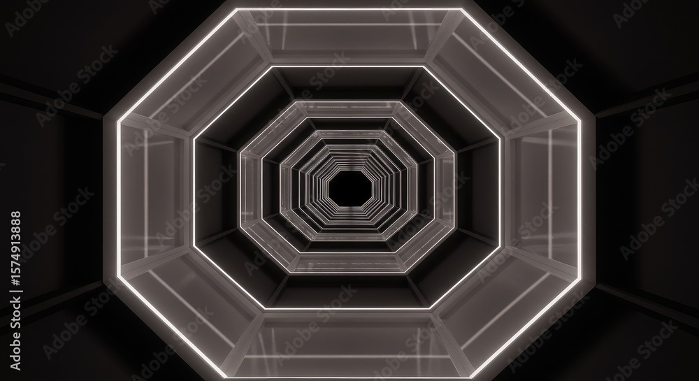 Poster a futuristic, symmetrical tunnel with glowing white lines framing octagonal spaces