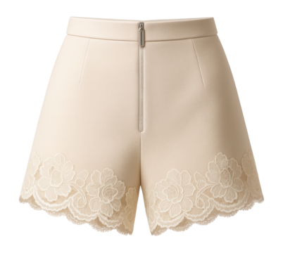 Lace-trimmed shorts with a scalloped edge and back zipper