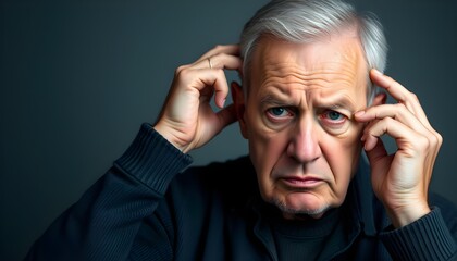 Portrait of a senior man with gray hair touching his head with a serious expression on his face