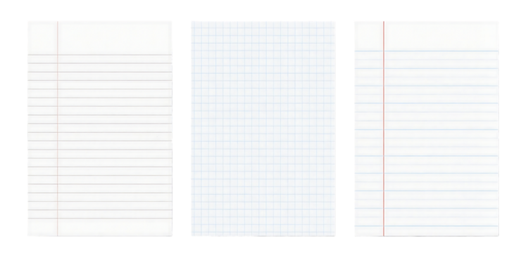 lined paper sheets isolated on transparent white background