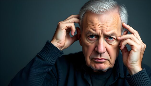 Portrait of a senior man with gray hair touching his head with a serious expression on his face