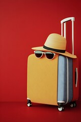 Yellow Suitcase Straw Hat Sunglasses Red Background