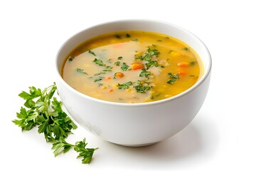 Yellow Pea Soup Bowl Top View Parsley Garnish yellow soup