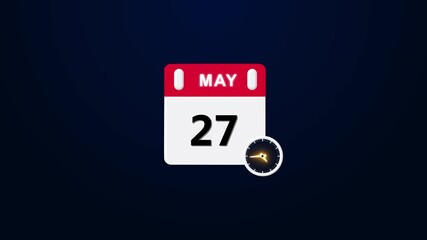 calendar - may 27 icon ,Animated calendar and clock showing may eleventh time and date on transparent background ,calendar icon showing the date May 27st. Ideal for reminders, social media content