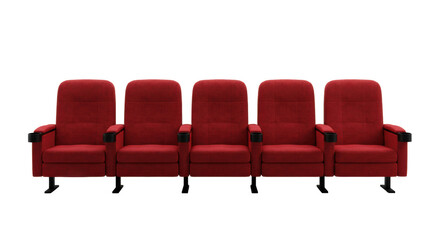 Five empty cinema seats upholstered in plush deep red velvet with dark armrests, meticulously arranged in a straight row, isolated against a transparent background with expansive copy space. Concept