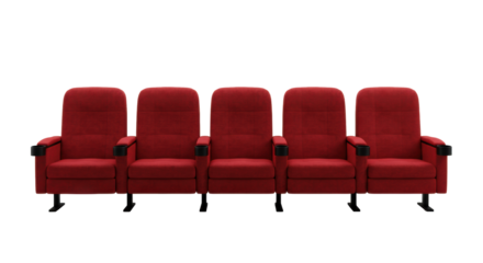 Five empty cinema seats upholstered in plush deep red velvet with dark armrests, meticulously arranged in a straight row, isolated against a transparent background with expansive copy space. Concept