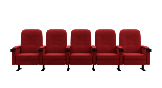 Five empty cinema seats upholstered in plush deep red velvet with dark armrests, meticulously arranged in a straight row, isolated against a transparent background with expansive copy space. Concept