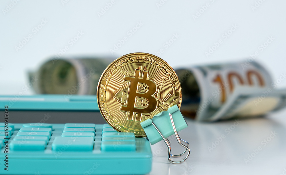 Aufkleber a calculator with a coin on it and a stack of bills
