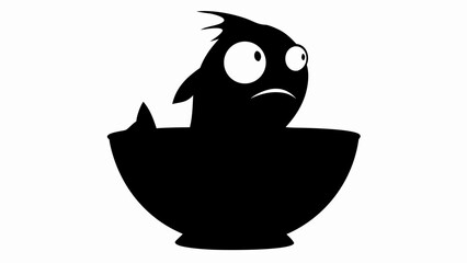 Illustration of a black fish with big eyes in a black bowl on a white background design art