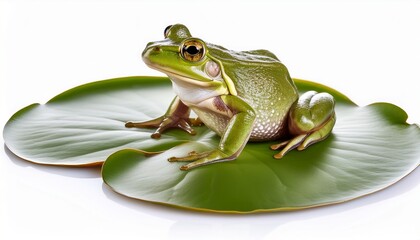 a frog sitting on a lily pad white background
