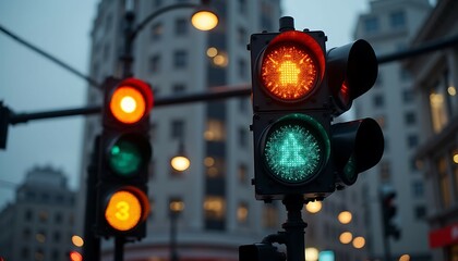 A modern traffic light on the background of a city intersection. Urban streetscape
