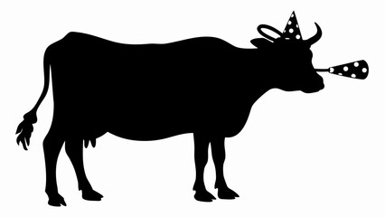 Silhouette of a cow wearing a party hat and blowing a noisemaker on a white background image here