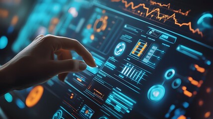 Fototapeta premium Touching The Future: A close-up shot showcases a human hand interacting with a cutting-edge touchscreen interface, illustrating the forefront of technological advancement and innovation.