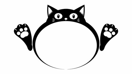 A black and white illustration of a cat with paws up framing a circular space for text or image