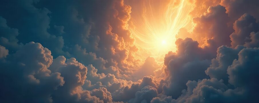 A majestic, ethereal light emanating from swirling clouds, symbolizing divine power and the presence of a god Perfect for religious, spiritual, or fantasy projects , godly, clouds