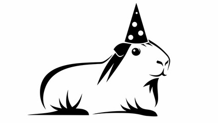 Illustration of a guinea pig wearing a party hat with polka dots in black and white style graphic design
