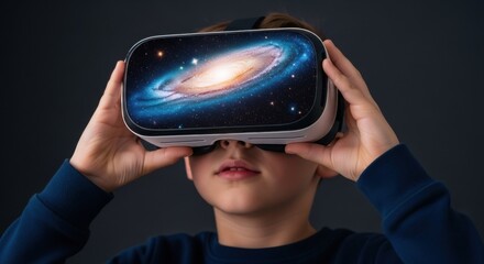 A boy exploring a galaxy in a virtual reality headset. Kids learning about space and future technology. Virtual education