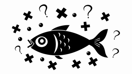 Stylized black fish surrounded by question marks crosses and circles in a white background design image