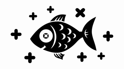 Stylized black fish with x eye and plus signs floating around on a white background design element