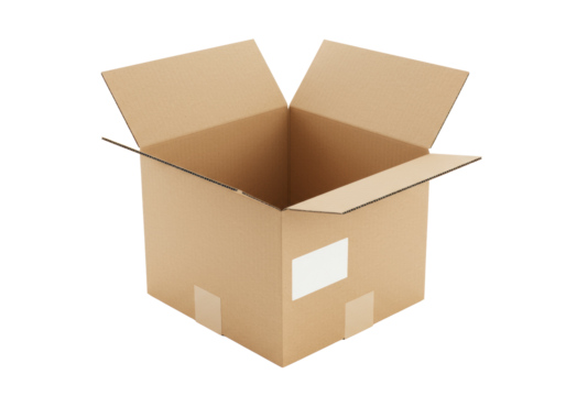 An empty, open, natural brown corrugated cardboard delivery box with unfolded top flaps and a blank label, isolated on a transparent background with studio lighting from a high-angle shot, commercial