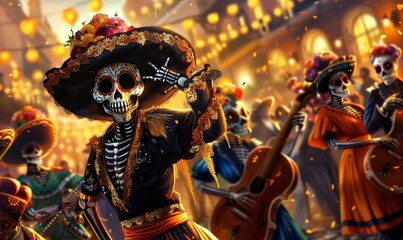 Día de los Muertos, a lively street parade with people in traditional attire, painted faces like skulls
