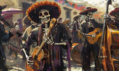 Día de los Muertos, a lively street parade with people in traditional attire, painted faces like skulls