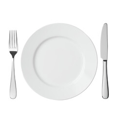 An overhead flat lay of a transparent ceramic dinner plate, flanked by a polished silver fork and matching knife, all against a transparent background with bright studio lighting. Concept of