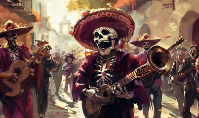 Día de los Muertos, a lively street parade with people in traditional attire, painted faces like skulls