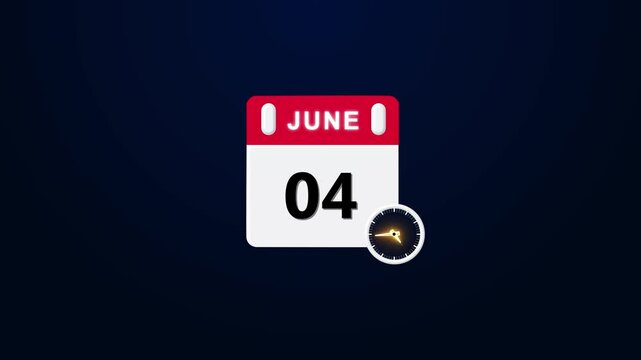 June month 04 date calendar icon animation. Analog calendar design month video ,June  04th.  calendar until June  04th, concept animation 4k