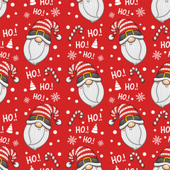 Seamless Pattern Merry Christmas With Head Santa Claus And Candy Cane, Vector Cartoon Illustration