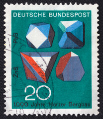 Ore Crystals. Mineral Galena (PbS) and Sphalerite (ZnS) on a 1968 Germany postage stamp. Dedicated...