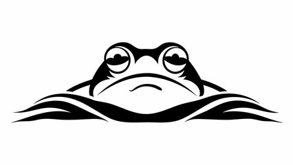 Black and white graphic of a frog's head emerging from stylized waves with a sad expression on its face