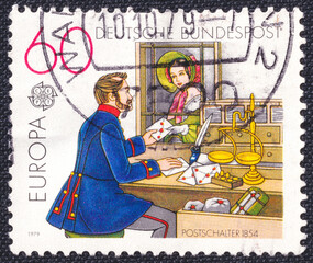 Postmen at the post Office Counter from 1854 on a 1979 Germany postage stamp. Europa (C.E.P.T.)...