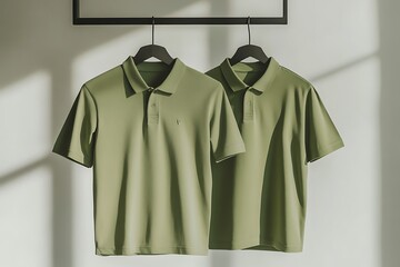 Olive green polo shirts hang in a minimalist setting with bright light and shadows, a simple design perfect for casual wear.