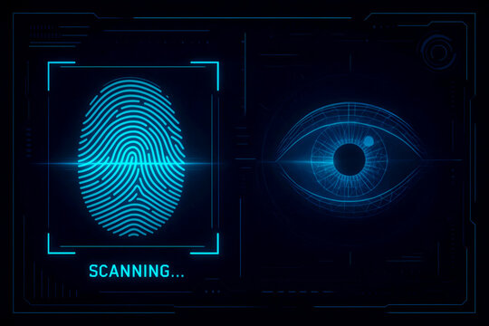 Biometric Scanning Background with Fingerprint Sensor, Retina Mesh, and Glowing Digital Security Interface in Futuristic Style