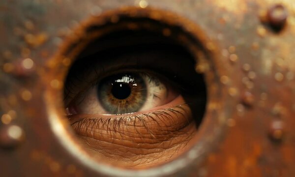 Intense eye gaze through rusted metal aperture: a suspenseful closeup sequence
