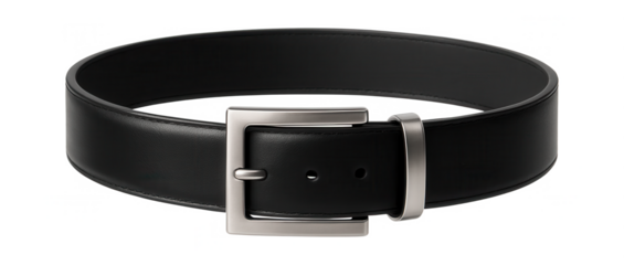 Black leather belt with square silver buckle and smooth finish