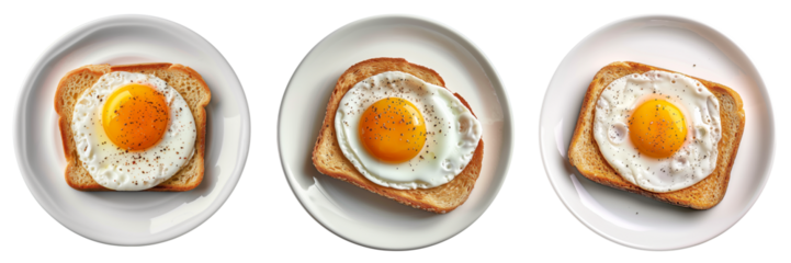 Set of fried egg on toast in white plate isolated on transparent or white background