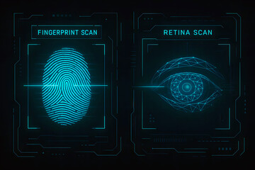 Obraz premium Biometric Scanning Background with Fingerprint Sensor, Retina Mesh, and Glowing Digital Security Interface in Futuristic Style