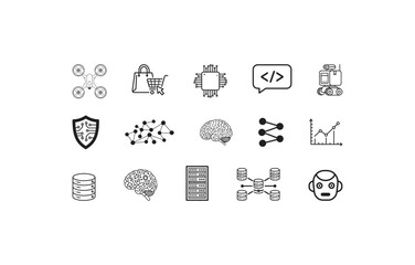 Technology icons drone shopping cart processor code robot shield network brain data server graph chip