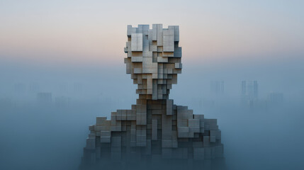 Futuristic sculpture of human figure made of stacked cubes in misty environment with soft light and calm mood