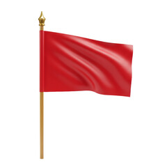 A bright red flag gently rippling, on a light brown wooden pole with a golden finial, isolated against a transparent background with even diffused studio lighting, no shadows, concept for commercial
