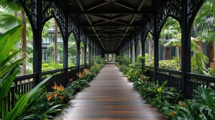 Obraz premium Ornate covered walkway surrounded by lush vegetation leads into the distance