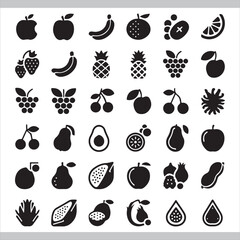 Collection of Silhouette Fruit Icons Representing a Variety of Fresh and Healthy Choices for Design and Culinary Projects