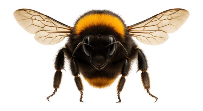 Adult bumblebee with fuzzy, black and yellow striped body and rounded wings