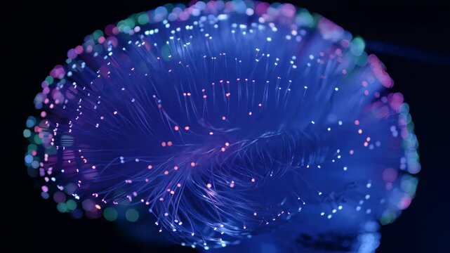 Looping animation of brain formed from tangled glowing fiber-optic threads with data pulses traveling along each thread independently

