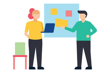 Two people discussing project near colorful board discussion collaboration