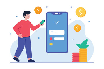 Man checking financial app on smartphone with coins and stacks of money cryptocurrency prices